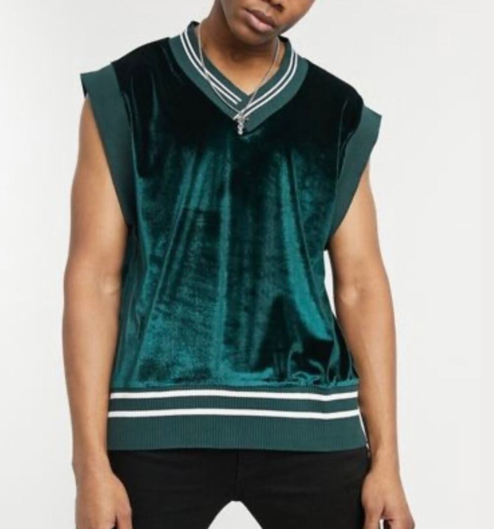 Asos Design Oversized Boxy Sleeveless Velour Tank with Deep V-Neck Green Size M